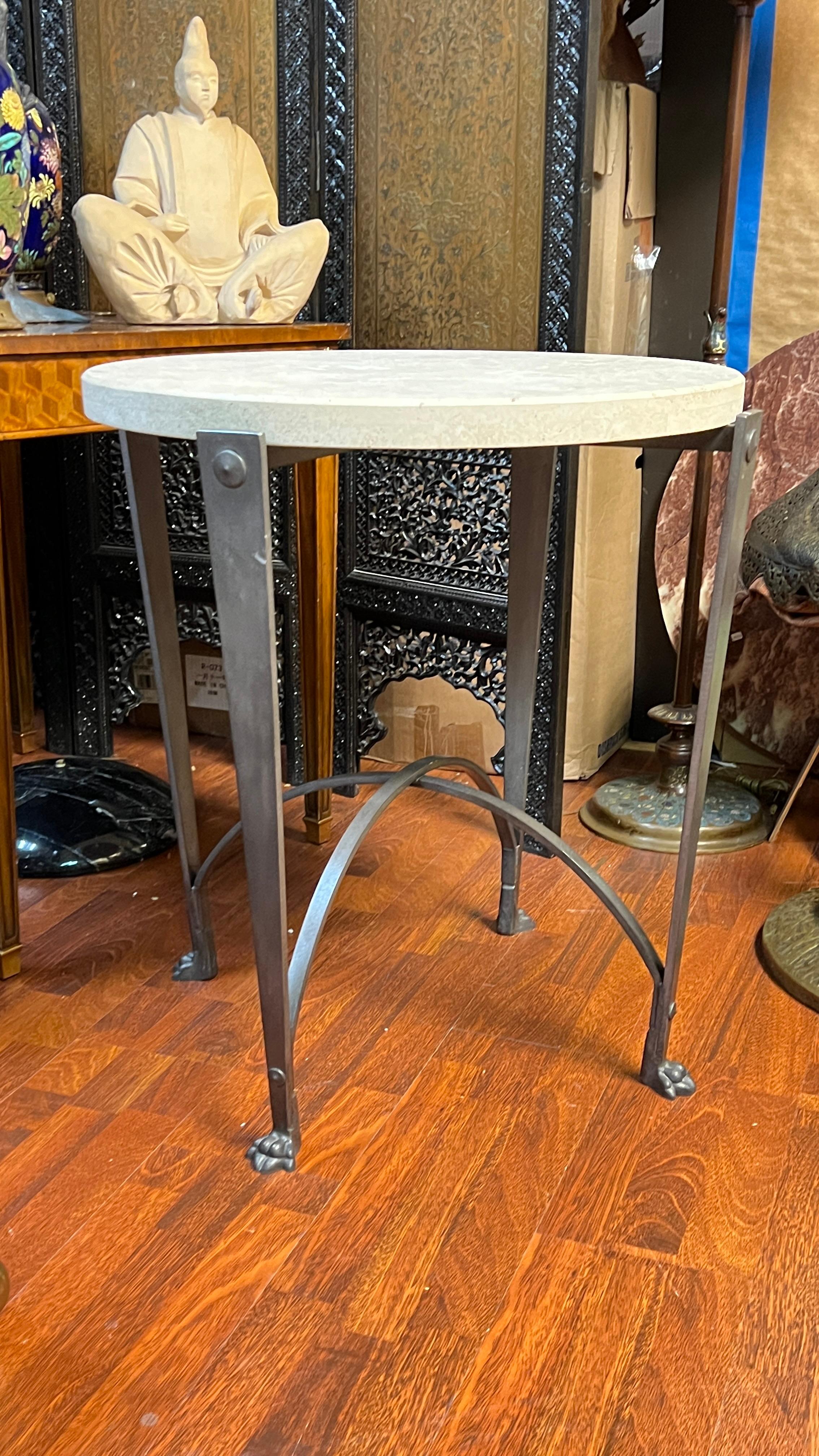 20th Century Vintage Circular Iron Side Table with Travertine Stone Top For Sale