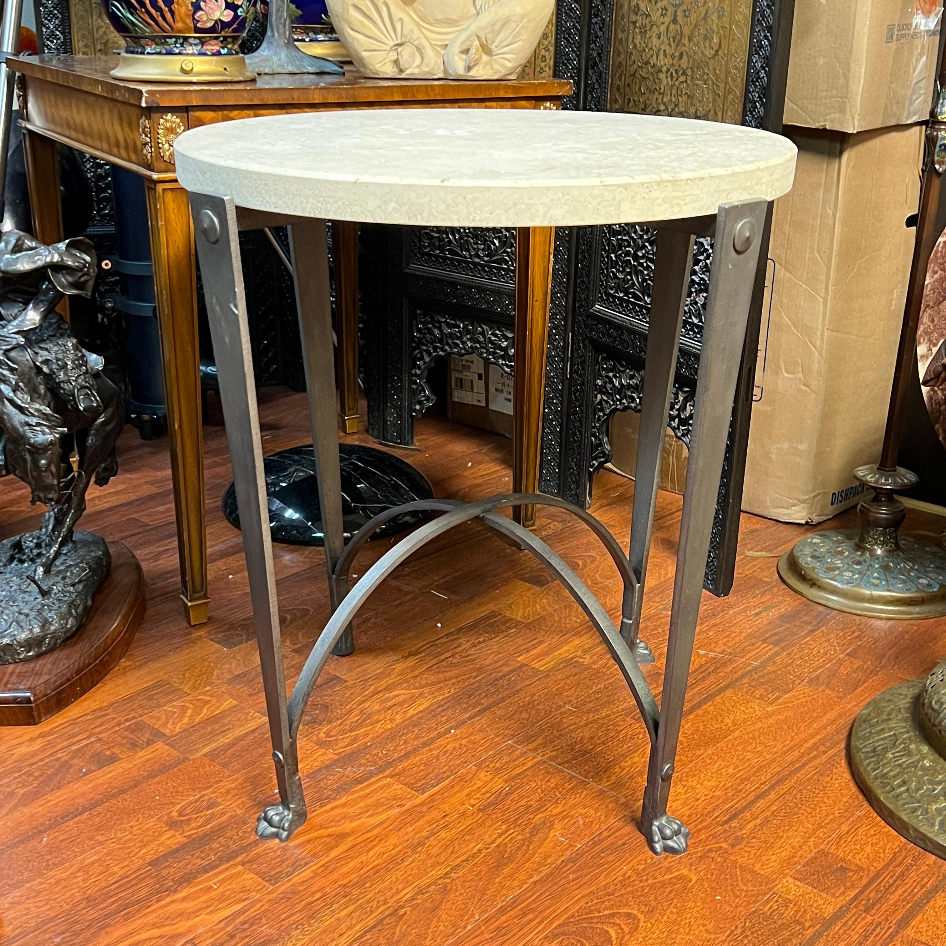 Vintage Circular Iron Side Table with Travertine Stone Top For Sale 1