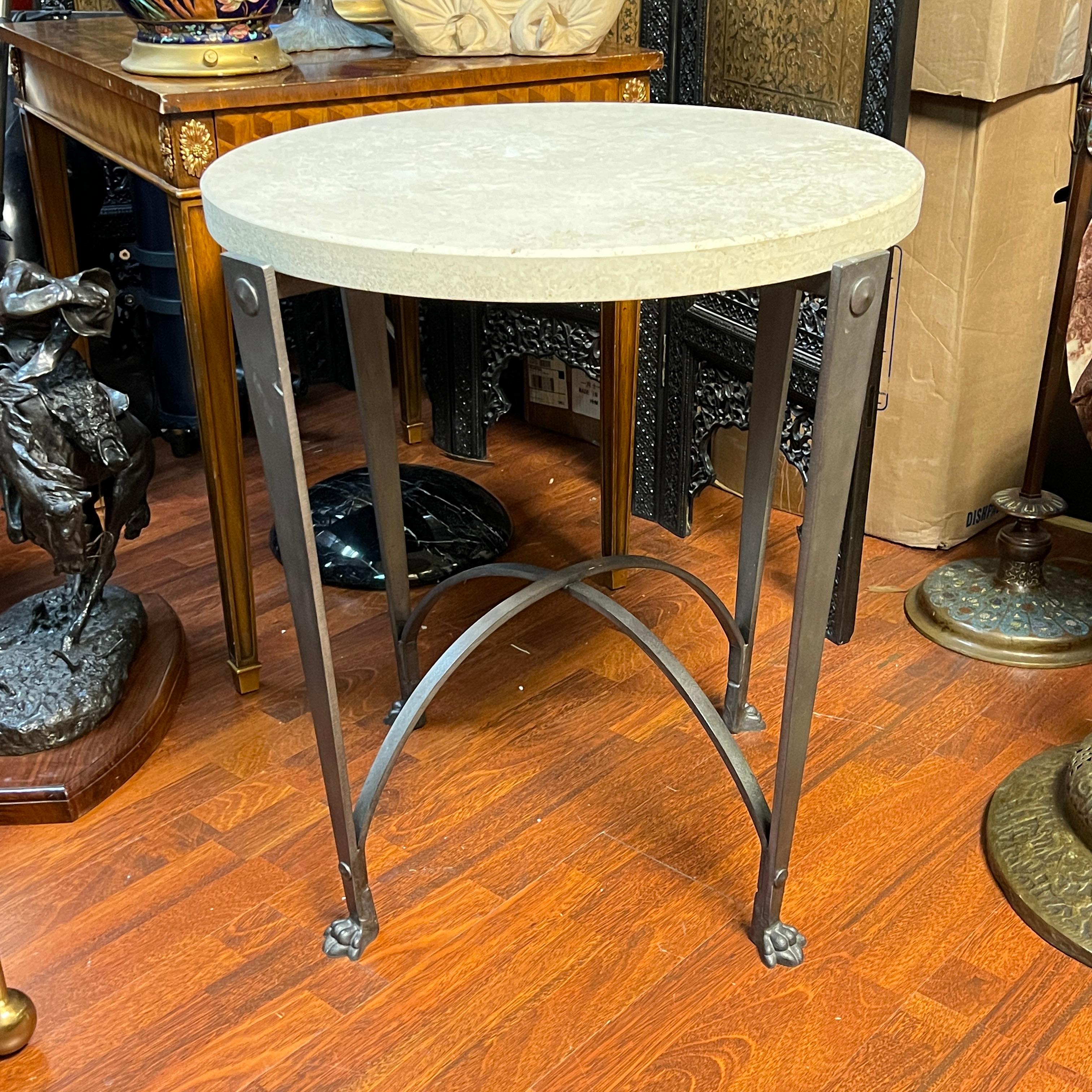 Vintage Circular Iron Side Table with Travertine Stone Top For Sale 2