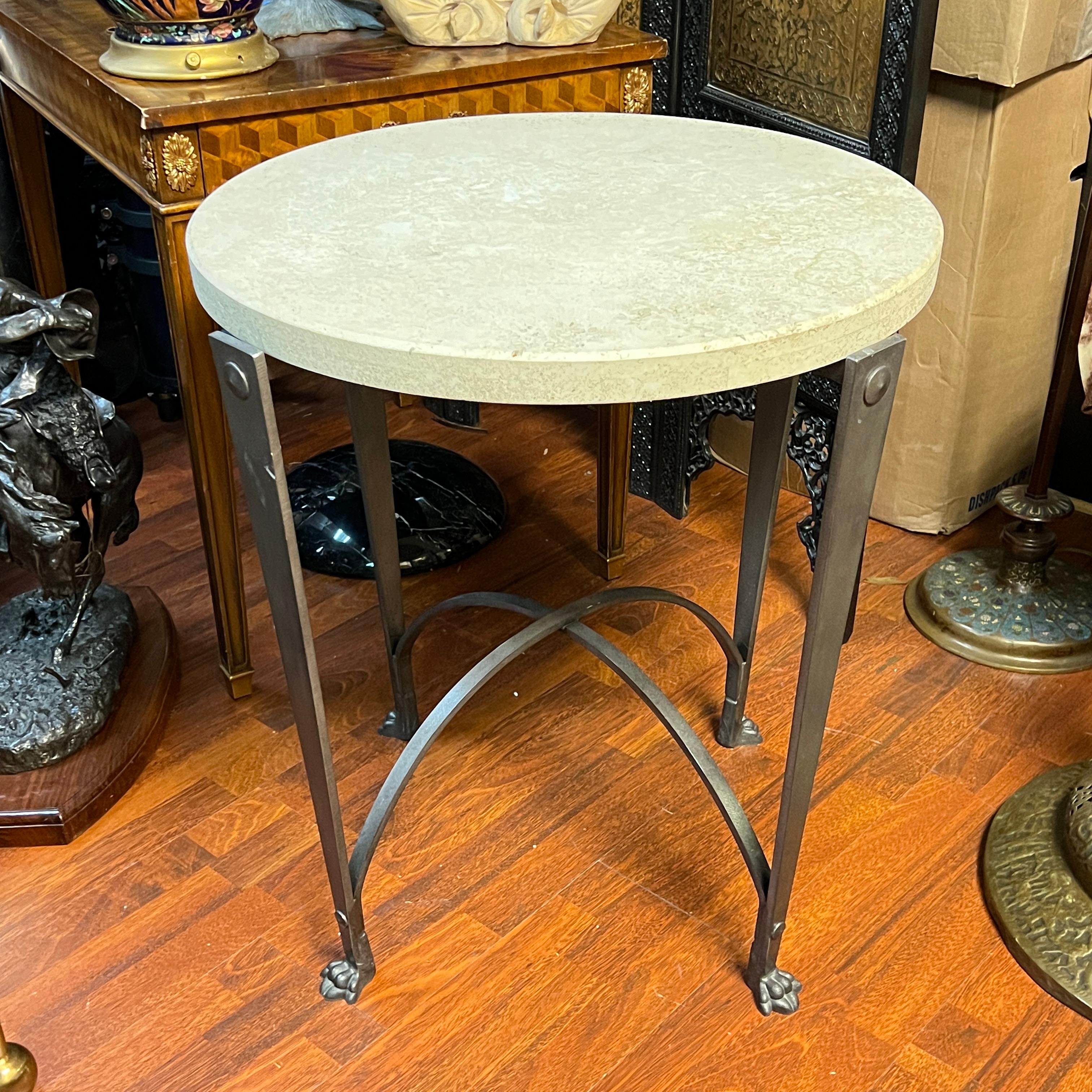 Vintage Circular Iron Side Table with Travertine Stone Top For Sale 3