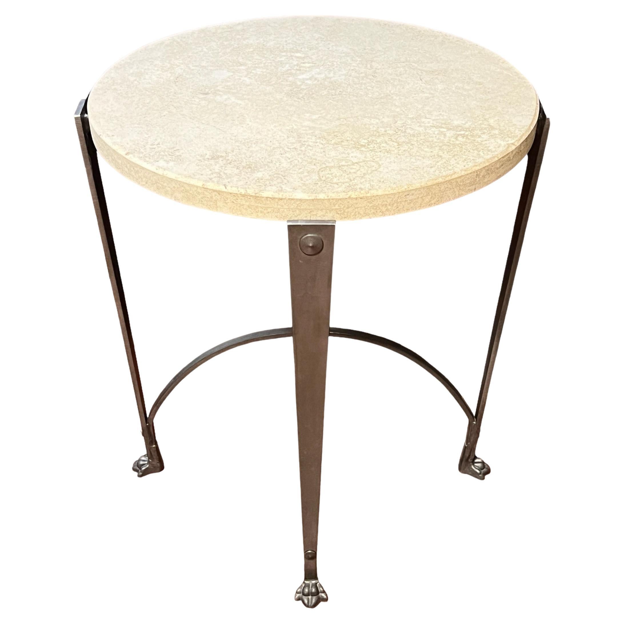 Vintage Circular Iron Side Table with Travertine Stone Top For Sale