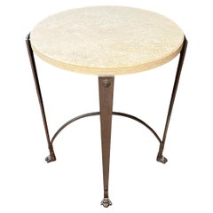 Vintage Circular Iron Side Table with Travertine Stone Top