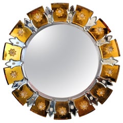 Vintage circular mirror in Murano glass, amber-colored engraving