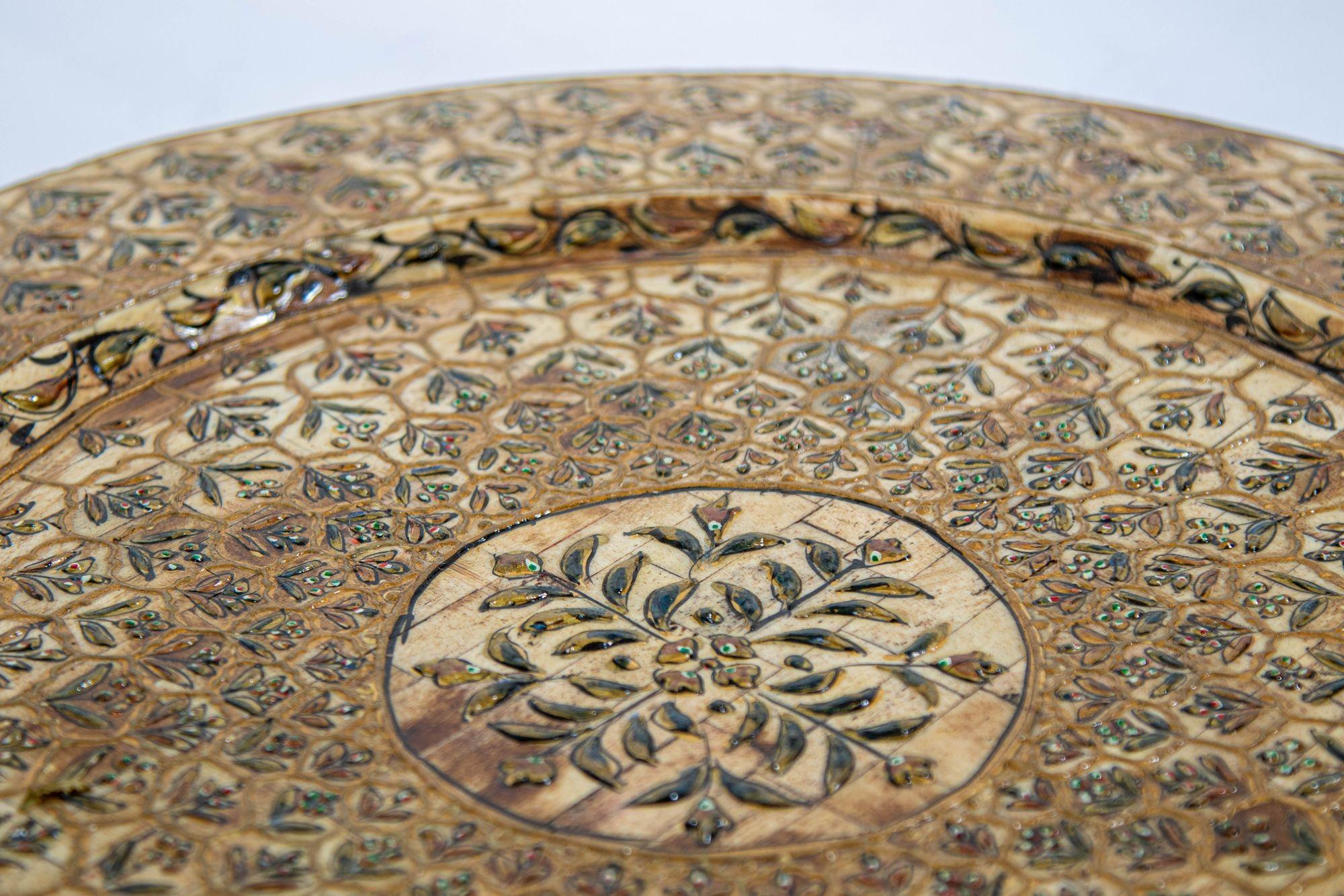 Vintage Circular Tray with Mughal Peacock Tail Pattern India 1950s 4