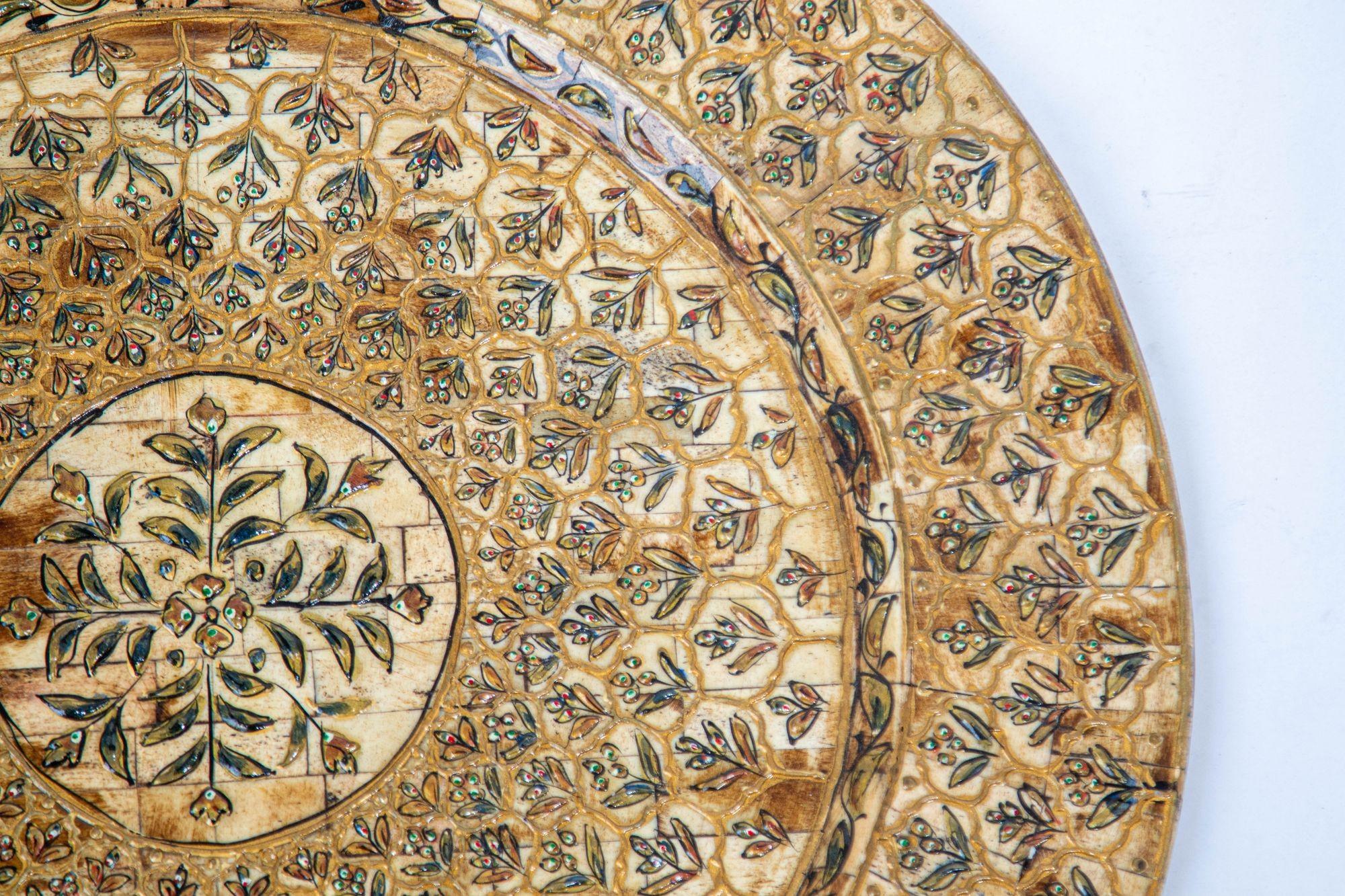 Indian Vintage Circular Tray with Mughal Peacock Tail Pattern India 1950s