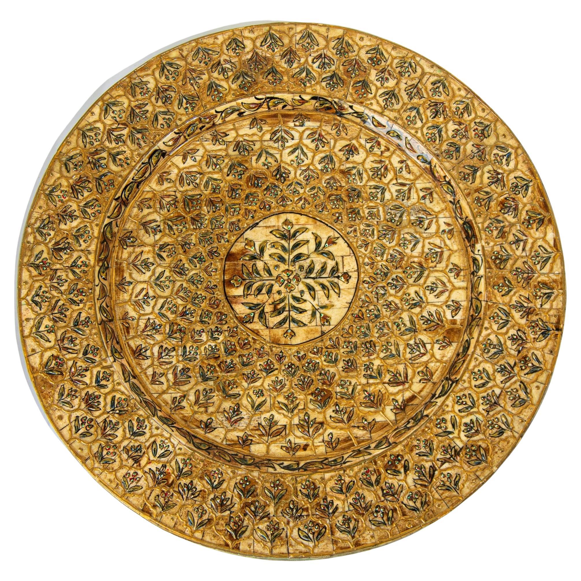 Vintage Circular Tray with Mughal Peacock Tail Pattern India 1950s