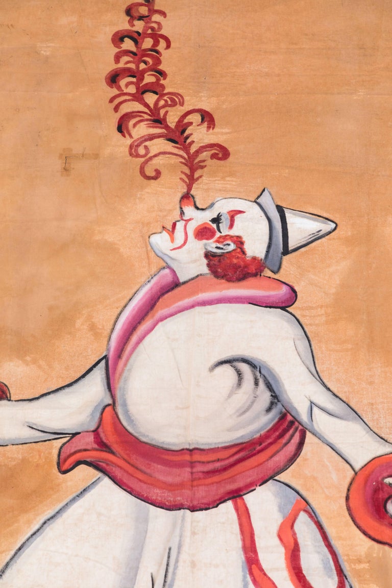 Vintage one of a kind circus or sideshow hand painted banner with a giant clown balancing a feather on his nose. Original paint on a light canvas sheet. The banner is stamped on the back from 