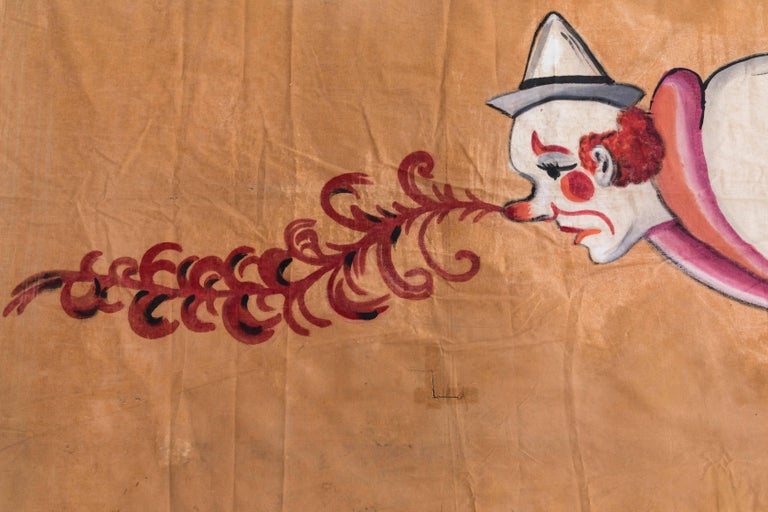 Mid-20th Century Vintage Circus or Sideshow Hand-Painted Giant Clown Banner, circa 1940s For Sale