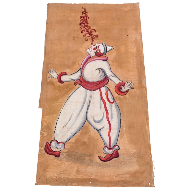 Vintage Circus or Sideshow Hand-Painted Giant Clown Banner, circa 1940s For Sale