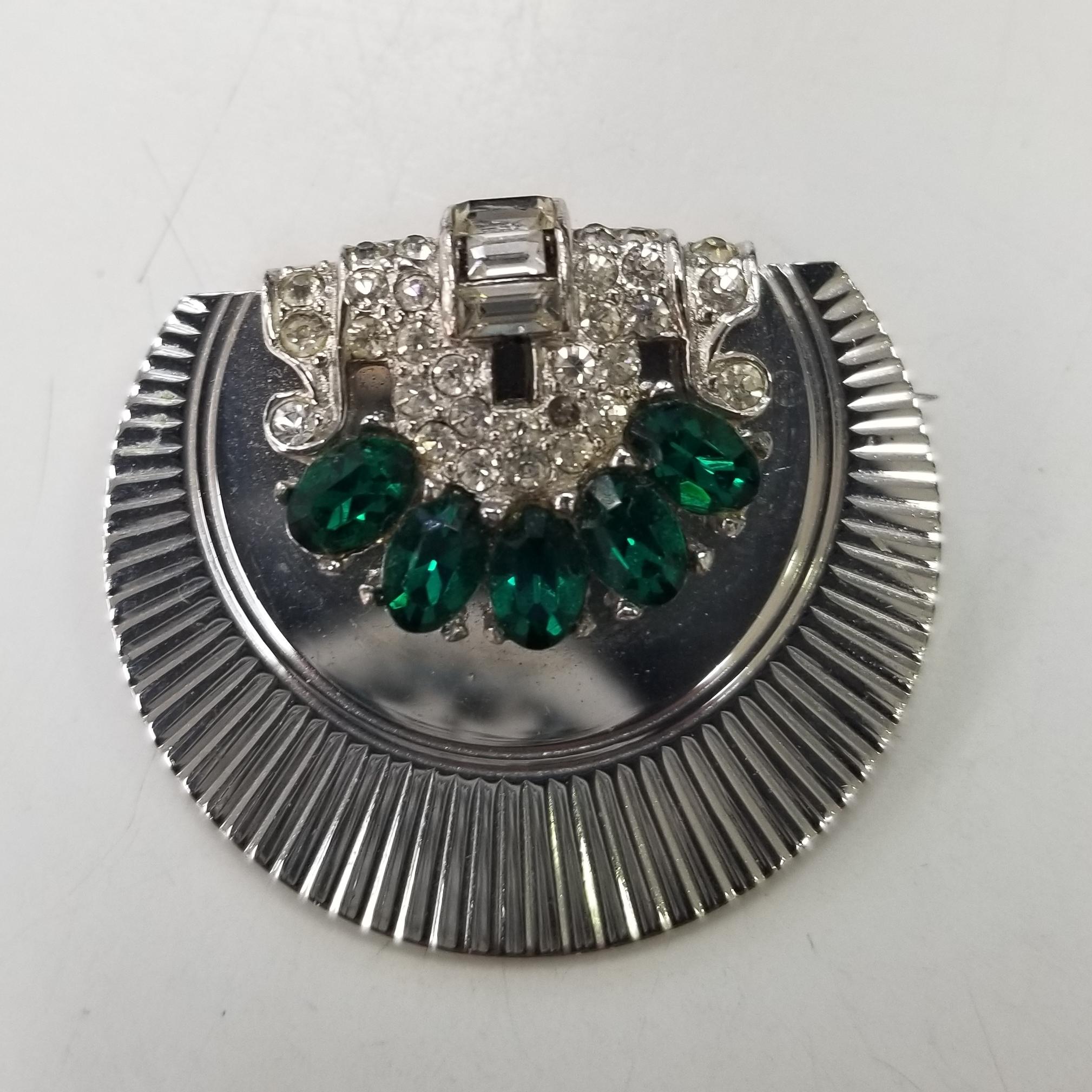 Vintage CIRO Green Rhinestone fan Brooch and Earring set, Signed PAT PEND Clip On, 1950s Costume Jewelry