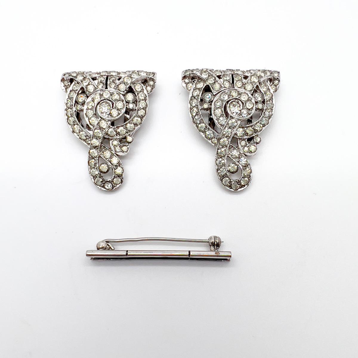 Vintage Ciro Paste Double Dress Clip Brooch 1930s In Good Condition For Sale In Wilmslow, GB