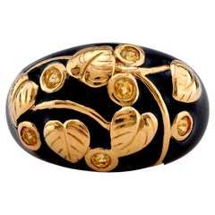 Vintage Citrine 18K Yellow Gold Enamel Wide Band