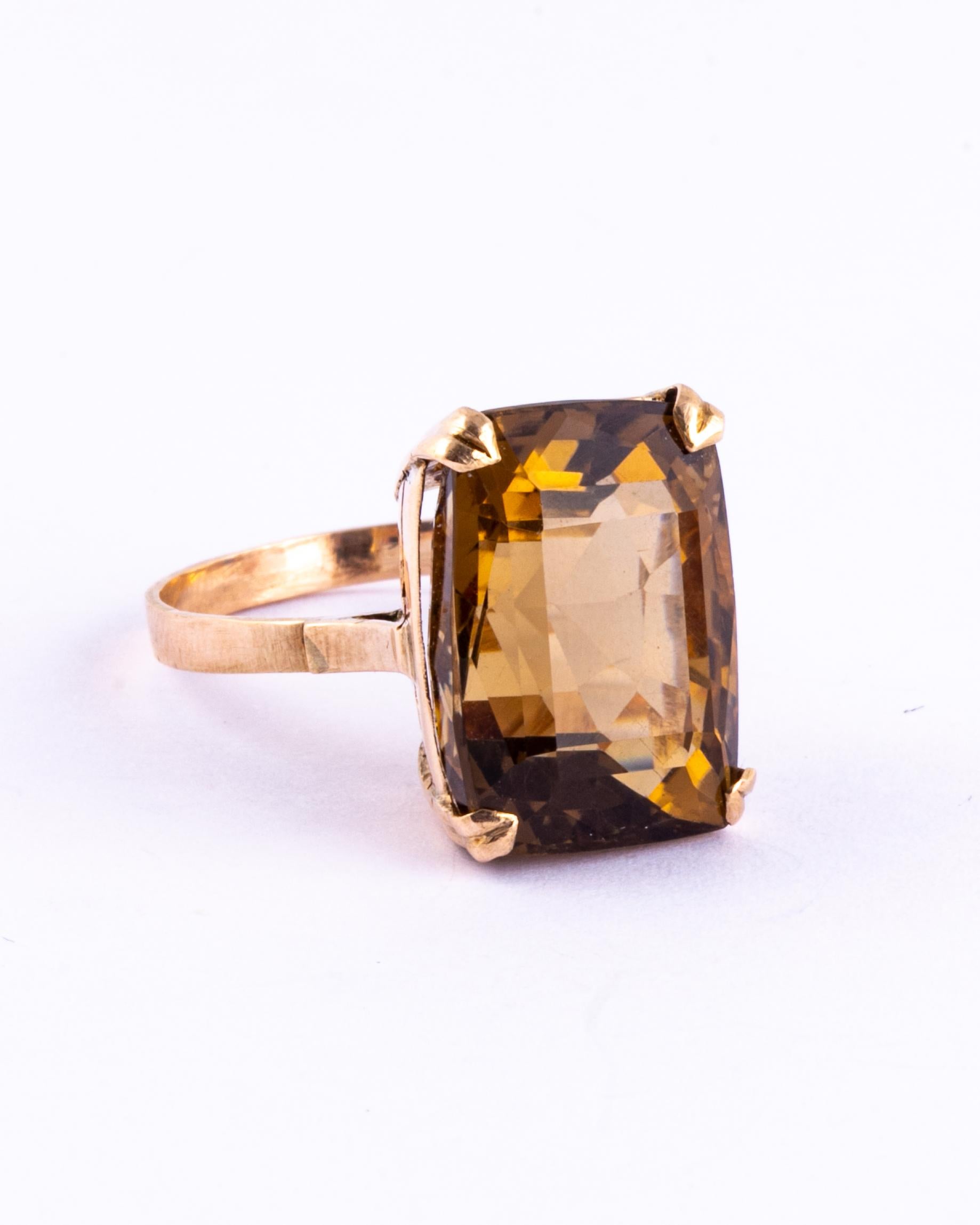 The gorgeous citrine stone in this ring is a lovely deep yellow colour and is set in simple claws. The gallery is ornate with scroll detail all modelled in 9carat gold. 

Ring Size: P or 7 1/2 
Stone Dimensions: 17x12mm
Height Off Finger: 10mm