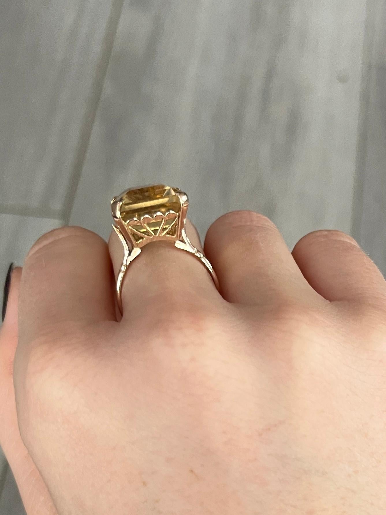 The gorgeous citrine stone is a pale yellow colour set in simple claws. The gallery is open and decorative and all modelled in 9carat gold. 

Ring Size: O or 7 1/4 
Stone Dimensions: 17x13mm
Height Off Finger: 8.5mm 

Weight: 6.2g