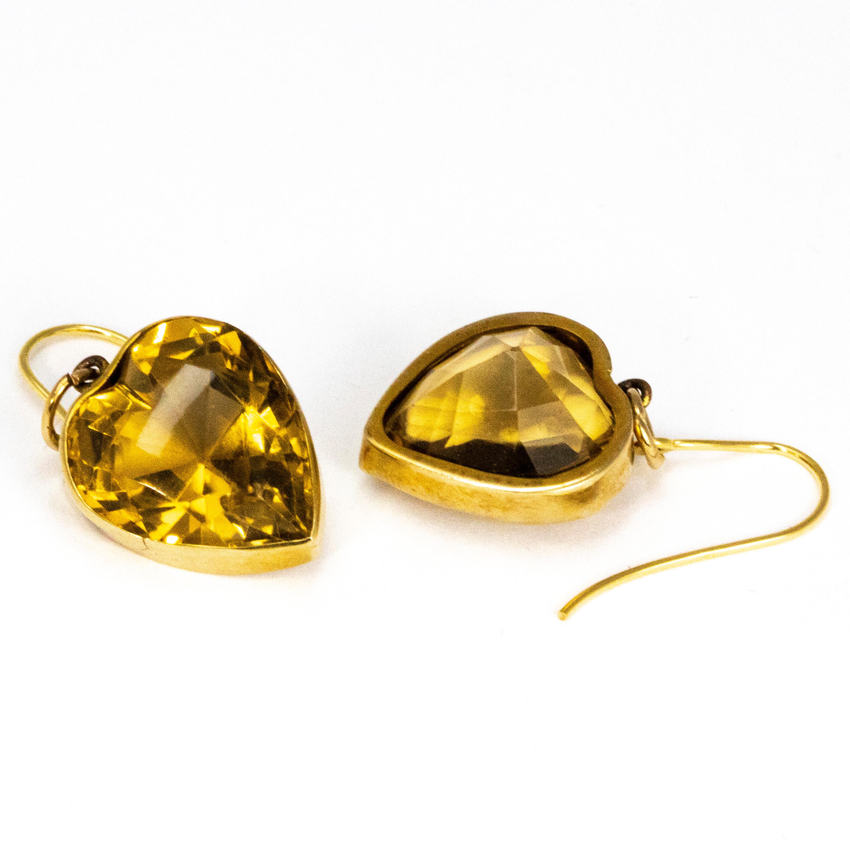 Modern Vintage Citrine and 9 Carat Gold Heart Drop Earrings
