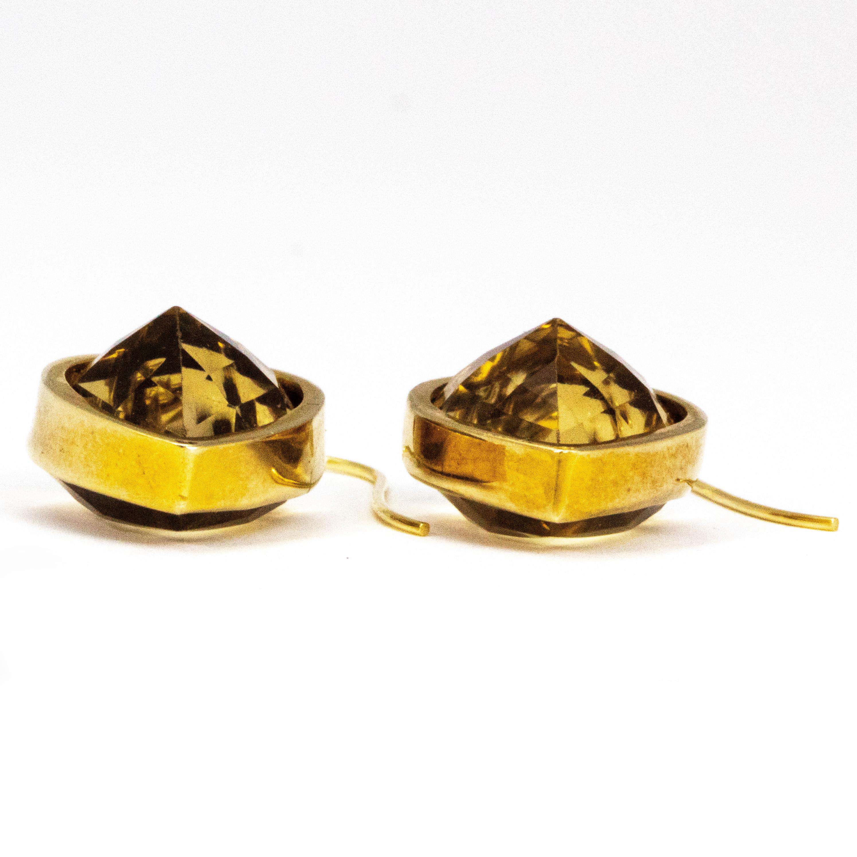 Vintage Citrine and 9 Carat Gold Heart Drop Earrings In Excellent Condition In Chipping Campden, GB