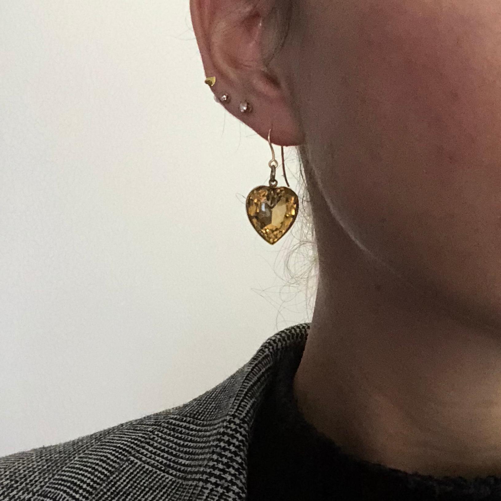 Women's Vintage Citrine and 9 Carat Gold Heart Drop Earrings