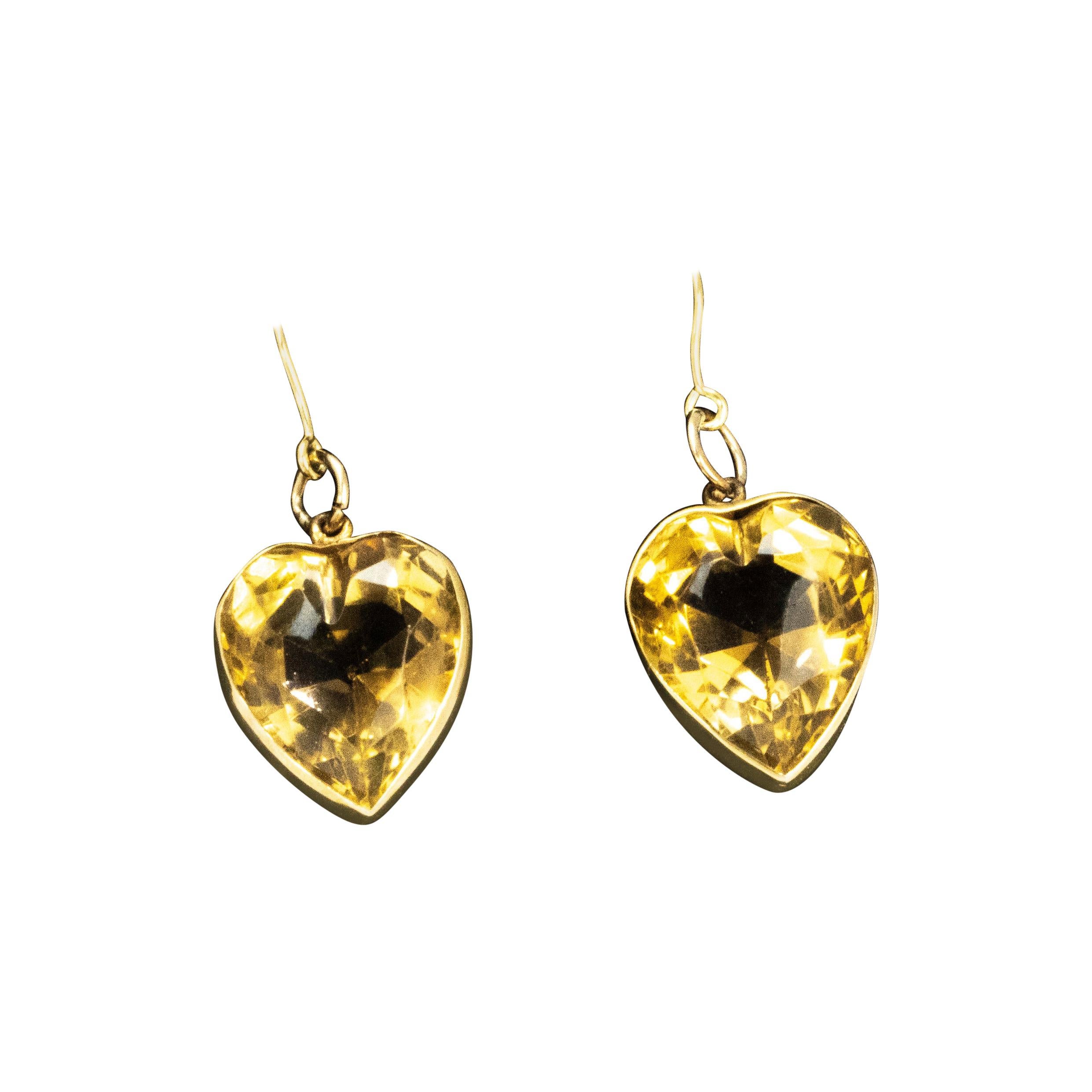 Vintage Citrine and 9 Carat Gold Heart Drop Earrings