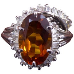 Vintage Citrine and Diamond Cocktail Ring, 18 Carat White Gold, Baguette Stone