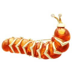 Vintage Citrine and Diamond 18k Yellow Gold Caterpillar Brooch, Circa 1950