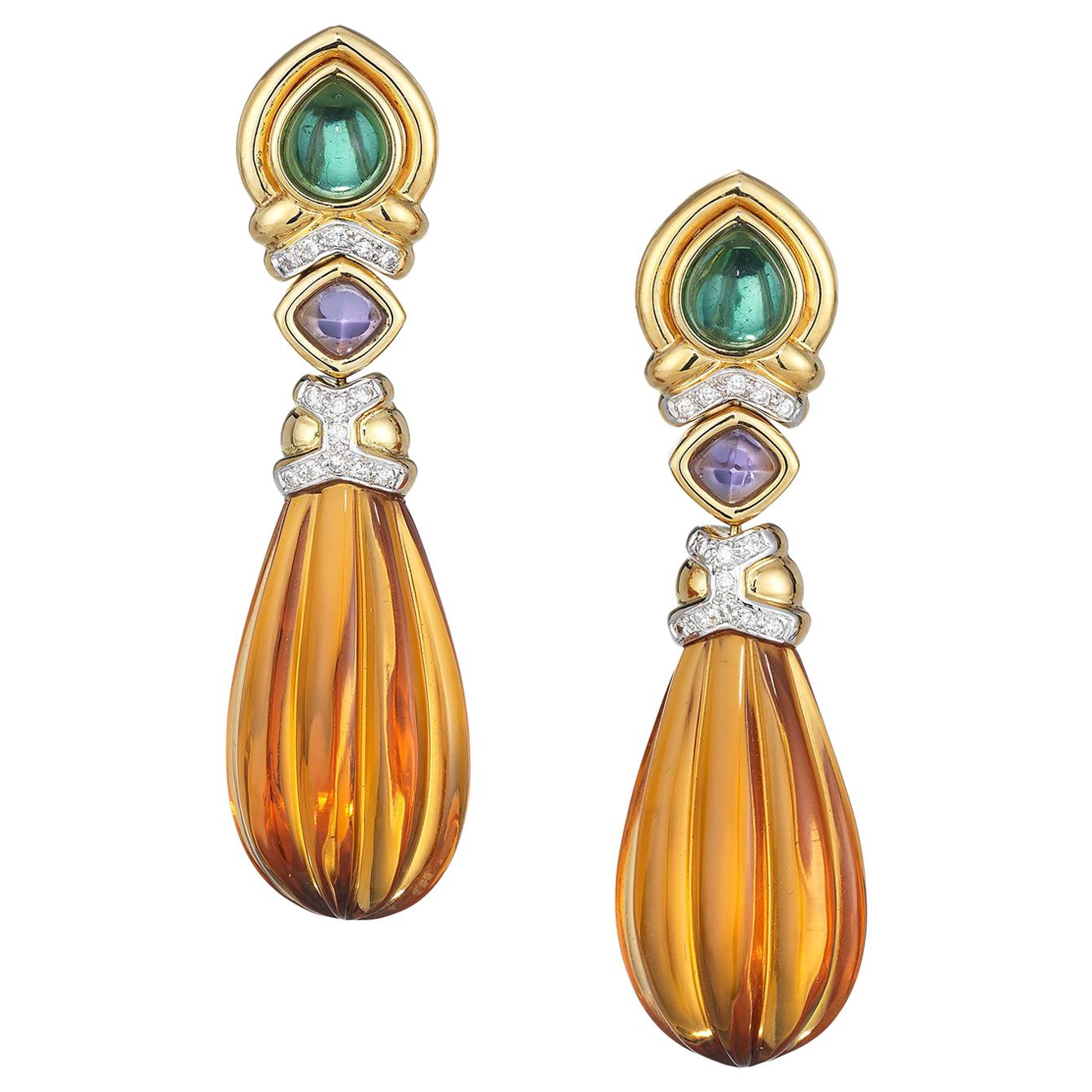 Citrine and Yellow Gold Fluted Earrings