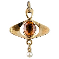 Ciondolo d'epoca con citrino e perle, oro giallo 9 carati, stile Art Nouveau