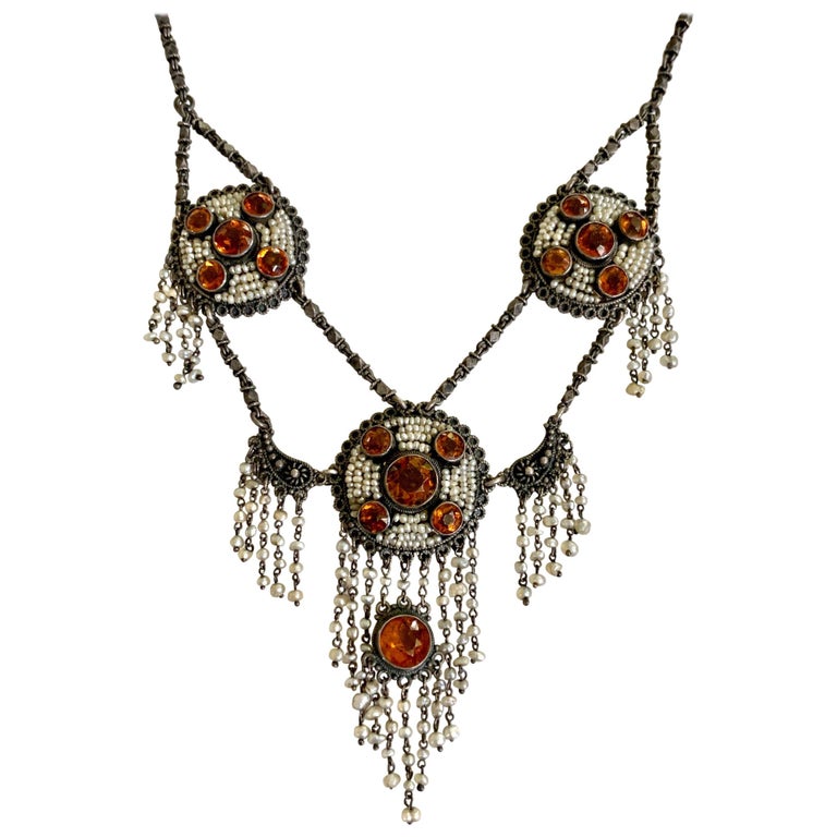 Vintage Citrine and Seed Pearl Sterling Silver Necklace with Hook ...