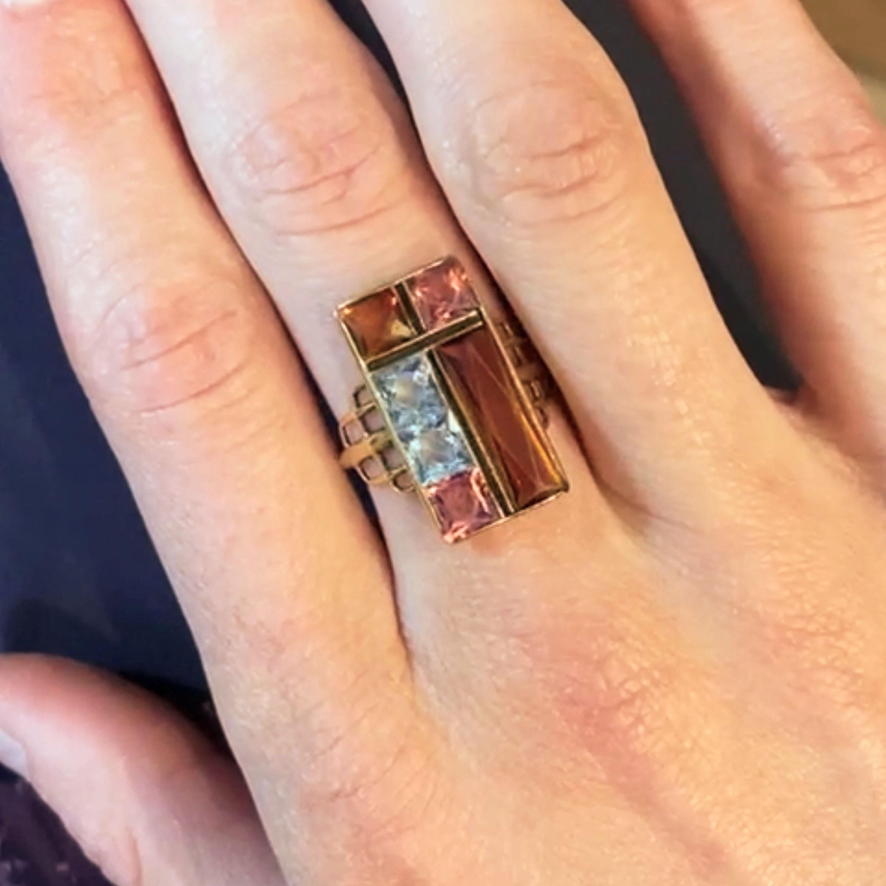 Square Cut Vintage Citrine, Aquamarine, Pink Tourmaline and Gold Multi Gem Ring, Circa 1975 For Sale