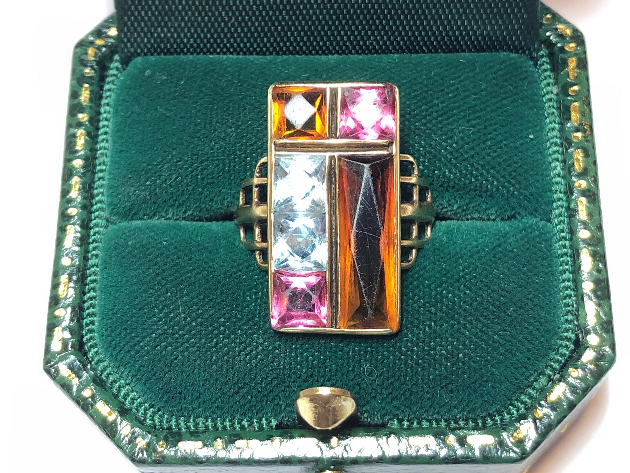 Women's Vintage Citrine, Aquamarine, Pink Tourmaline and Gold Multi Gem Ring, Circa 1975 For Sale