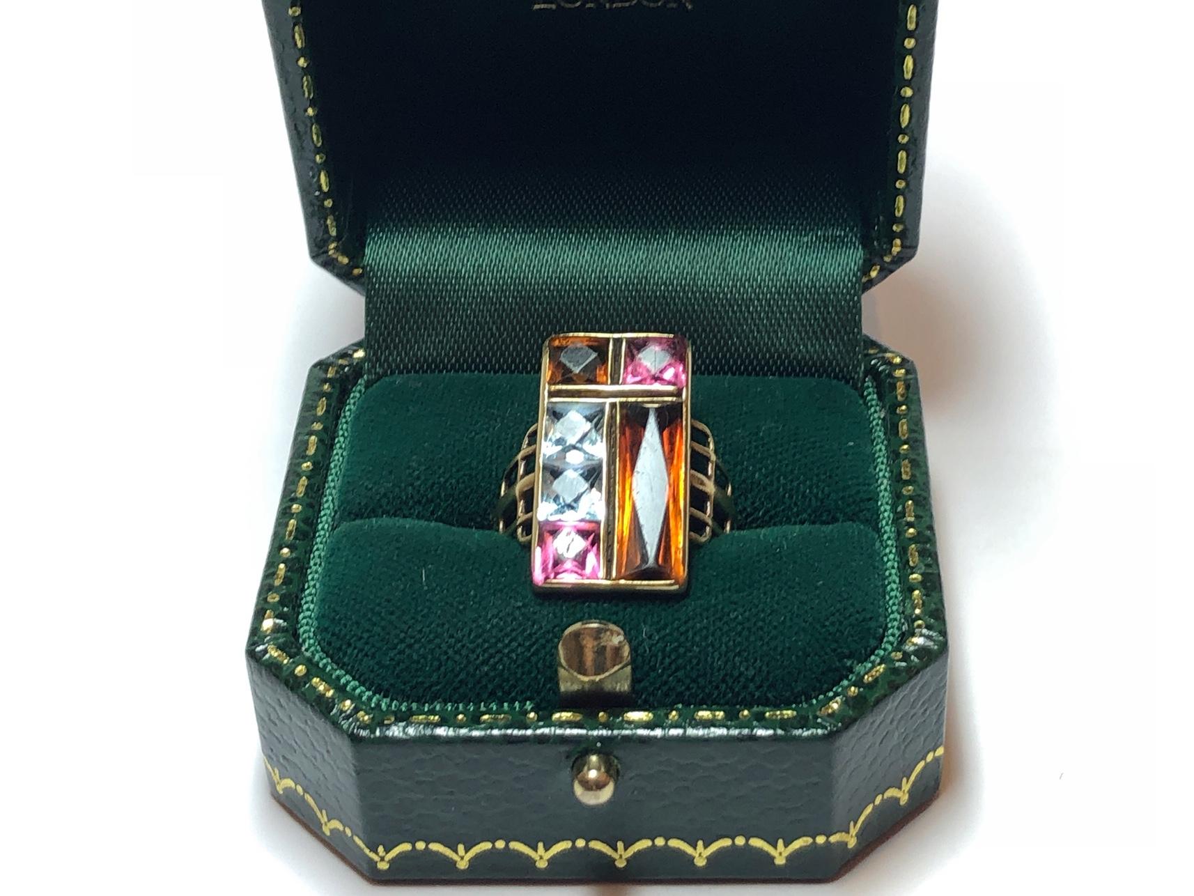 Vintage Citrine, Aquamarine, Pink Tourmaline and Gold Multi Gem Ring, Circa 1975 For Sale 1