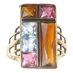 Vintage-Ring mit mehreren Edelsteinen, Citrin, Aquamarin, rosa Turmalin und Gold, um 1975