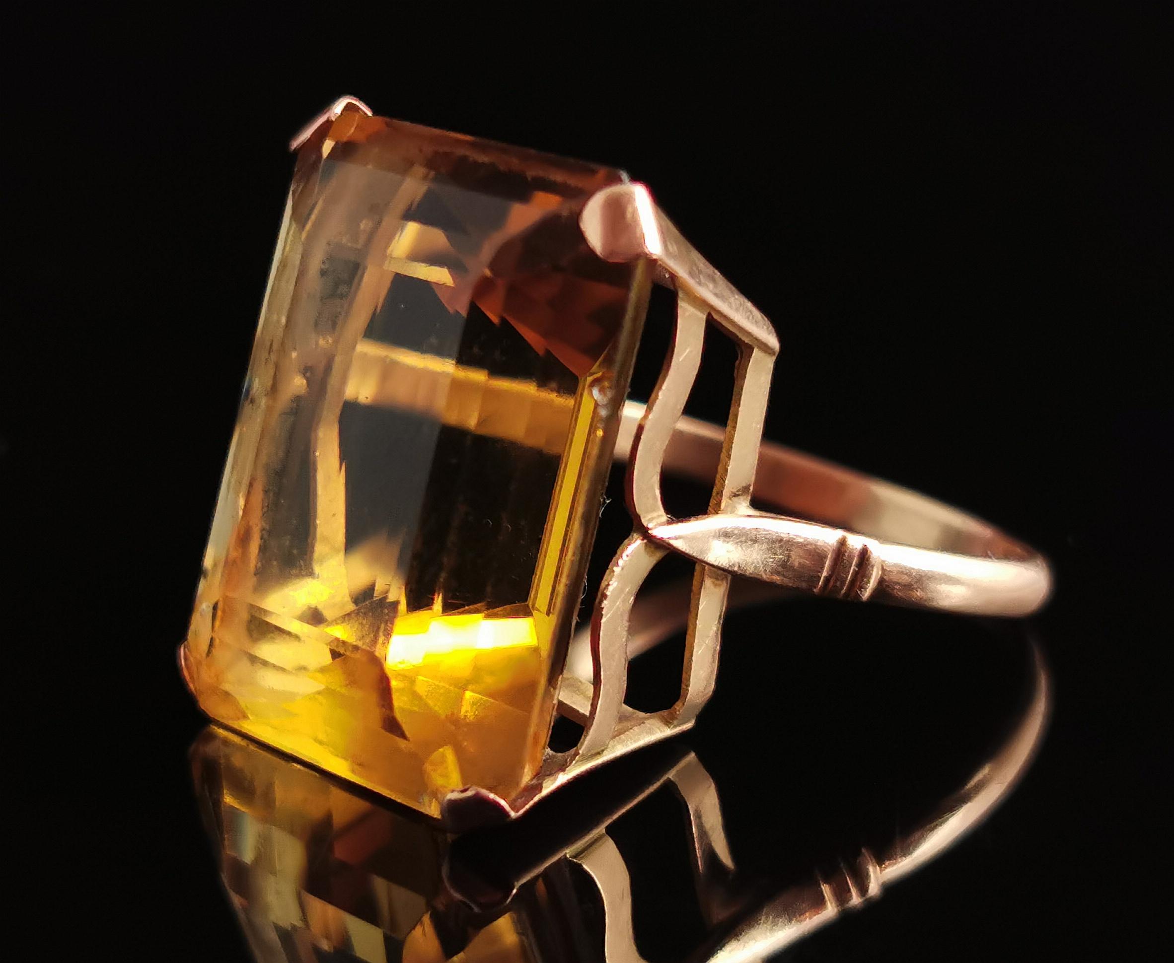 Emerald Cut Vintage Citrine Cocktail Ring, Large, 9k Yellow Gold, c1970s