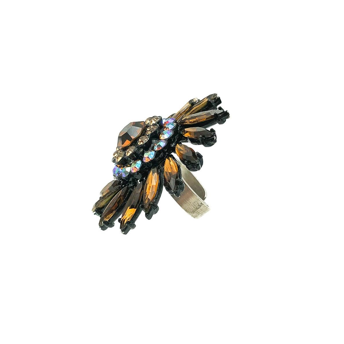 A statement Vintage Crystal Ring. Featuring elongated navette citrine crystal stones with aurora borealis crystals. Most likely a professionally converted ring comprising a glorious original 1950s brooch for the top teamed with a modern adjustable