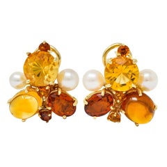 Vintage Citrine Cultured Pearl 14 Karat Yellow Gold Cluster Earrings