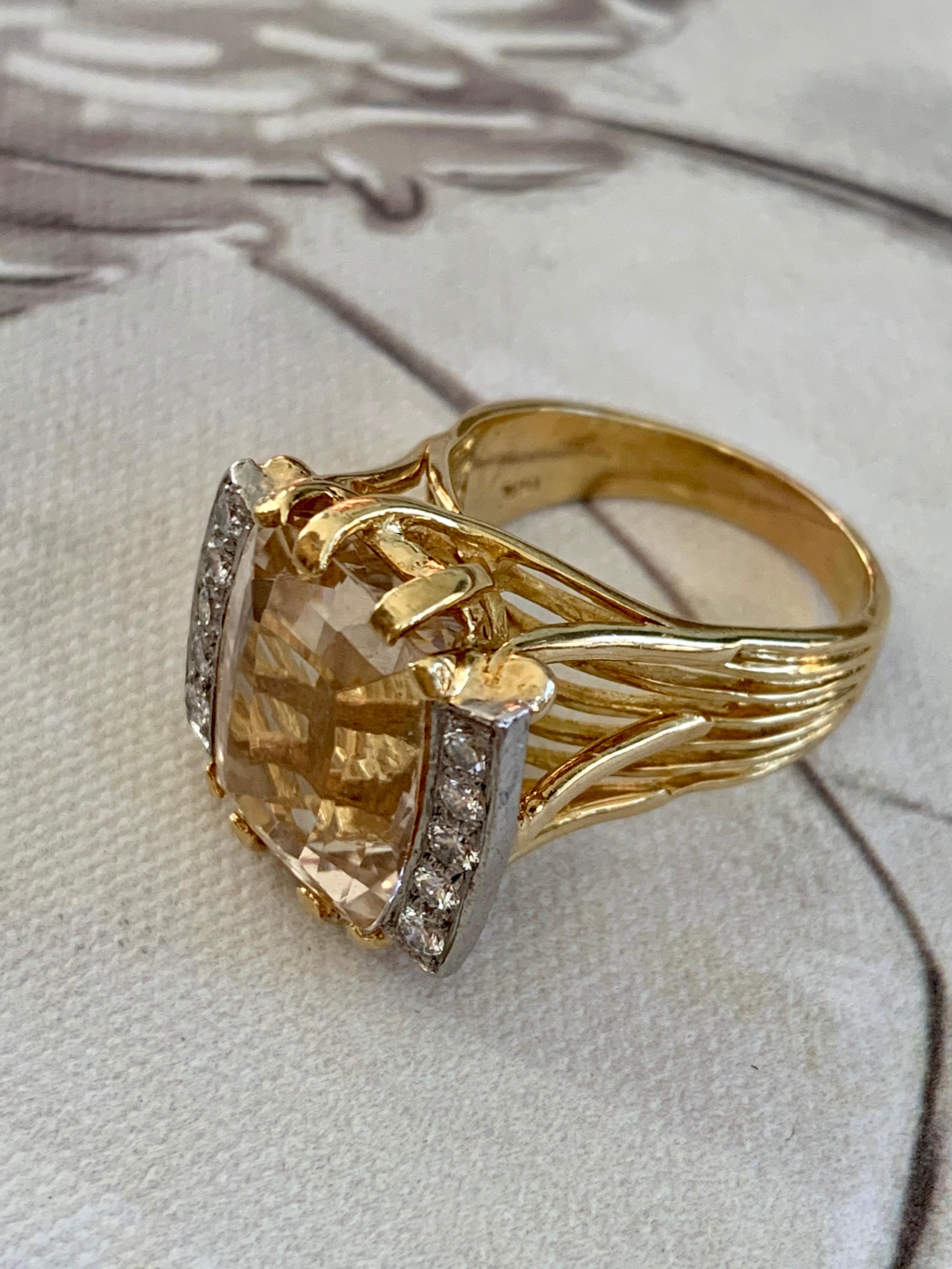 Vintage Citrine Cushion Cut and Diamond 18 Karat Yellow Gold Ring In Good Condition In St. Louis Park, MN