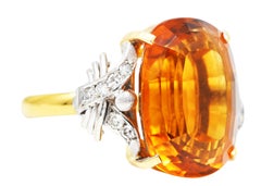Vintage Citrine Diamond 18 Karat Yellow Gold Platinum Gemstone Ring
