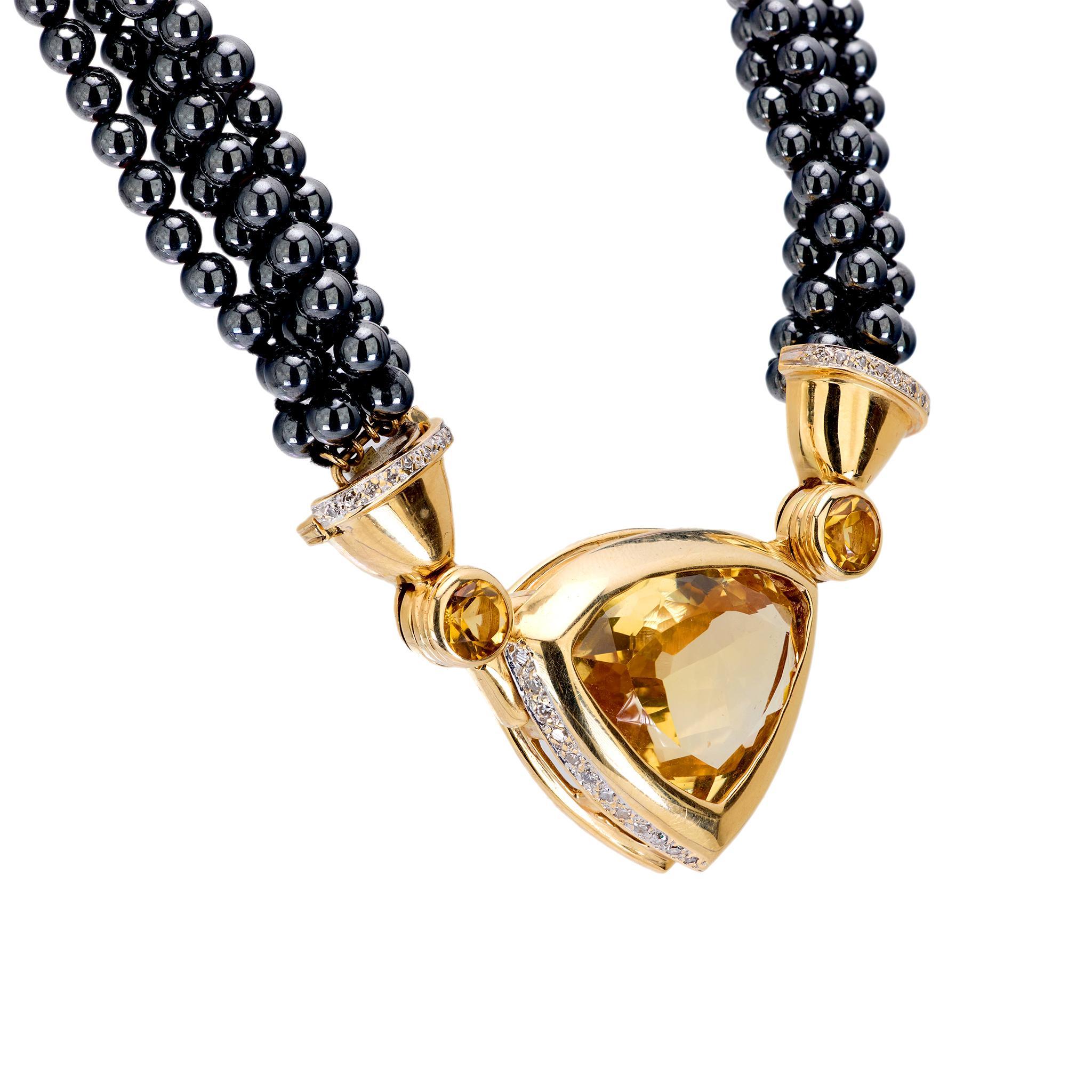 Modern Vintage citrine diamond hematite bead 14k yellow gold necklace For Sale