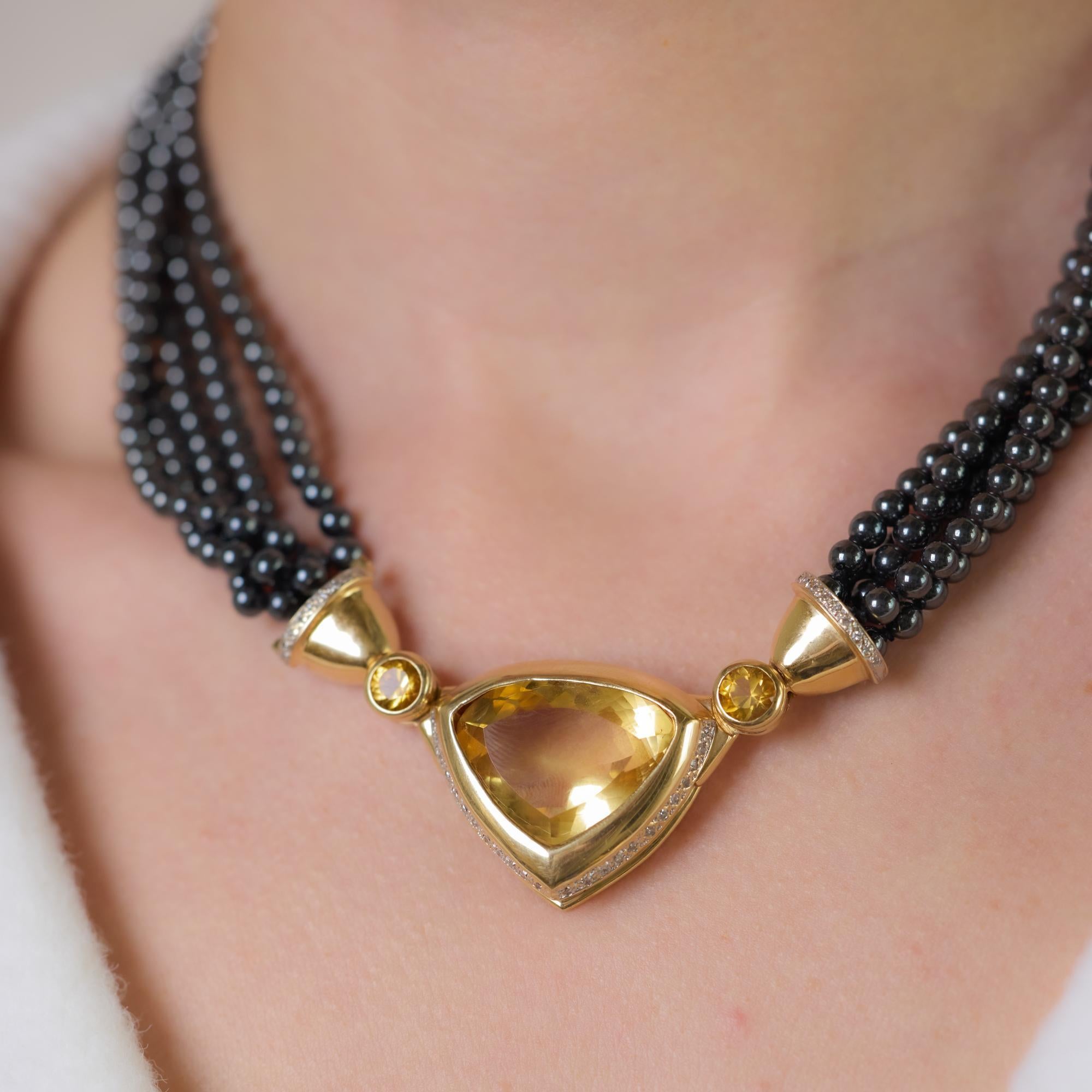 Trillion Cut Vintage citrine diamond hematite bead 14k yellow gold necklace For Sale