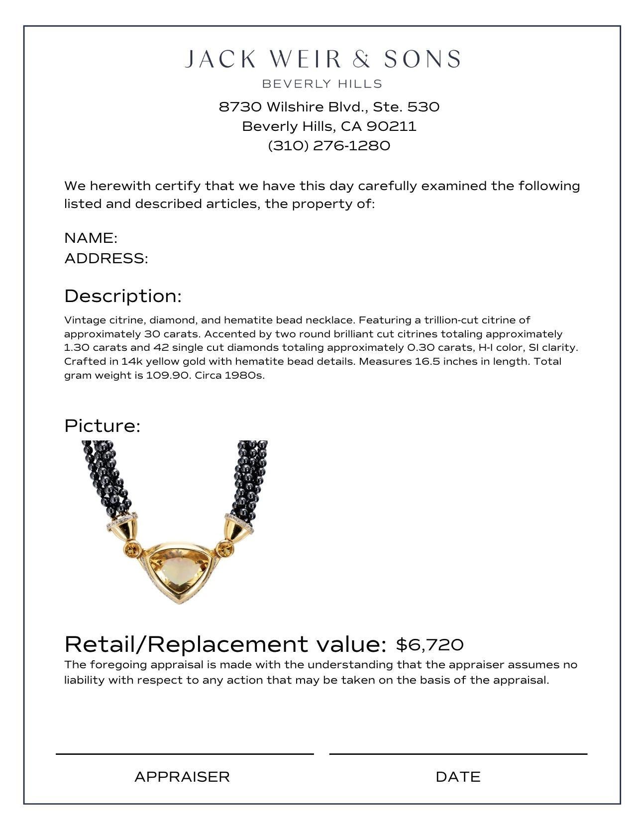 Vintage citrine diamond hematite bead 14k yellow gold necklace In Excellent Condition For Sale In Beverly Hills, CA