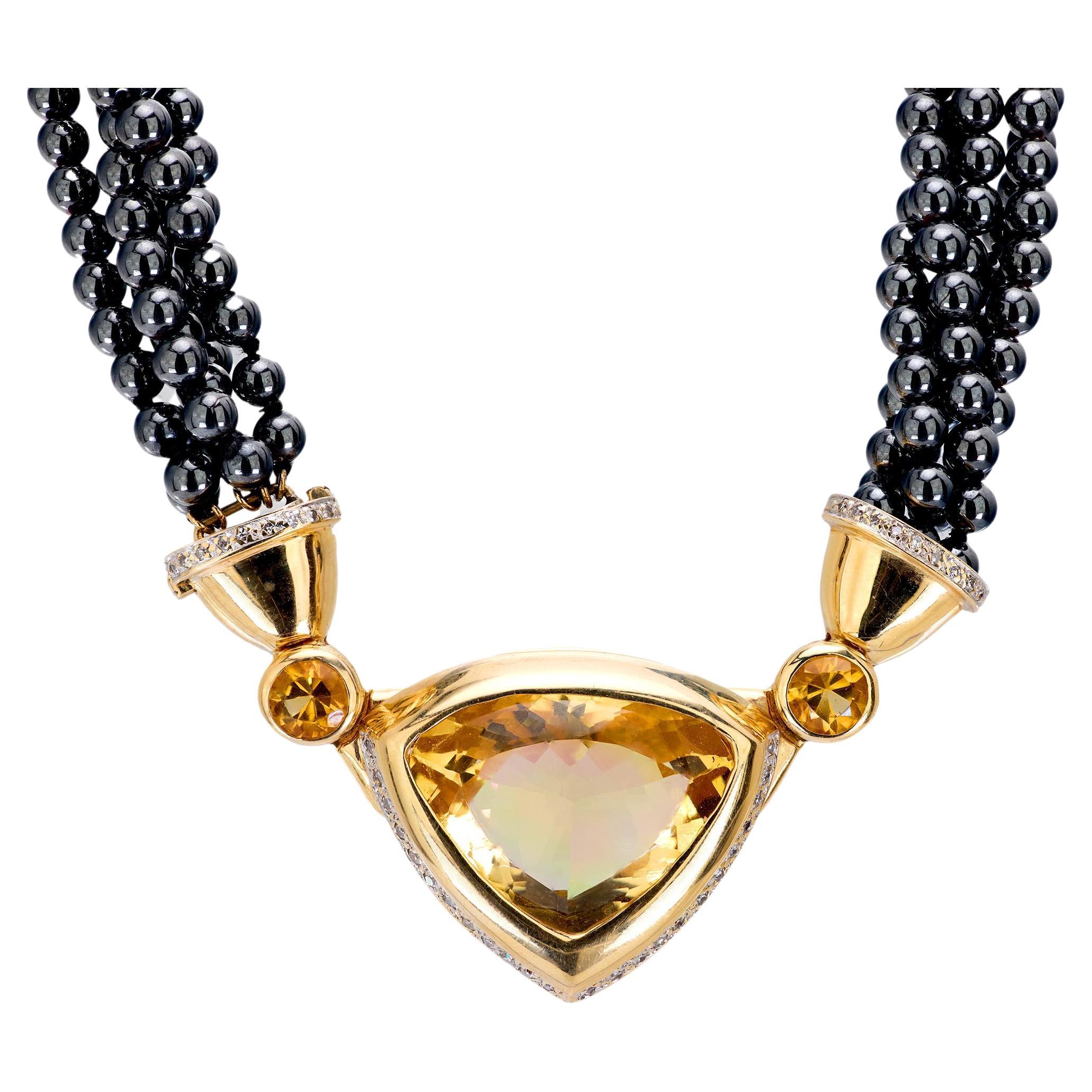 Halskette aus 14 Karat Gelbgold mit Citrin, Diamanten und Hämatit-Perlen