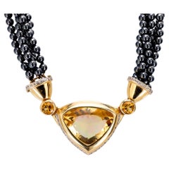 Halskette aus 14 Karat Gelbgold mit Citrin, Diamanten und Hämatit-Perlen