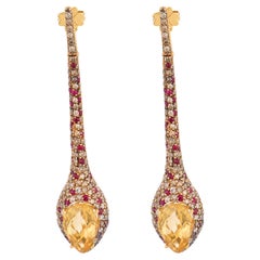Orecchini a goccia vintage in oro giallo 18k con diamante citrino e rubino