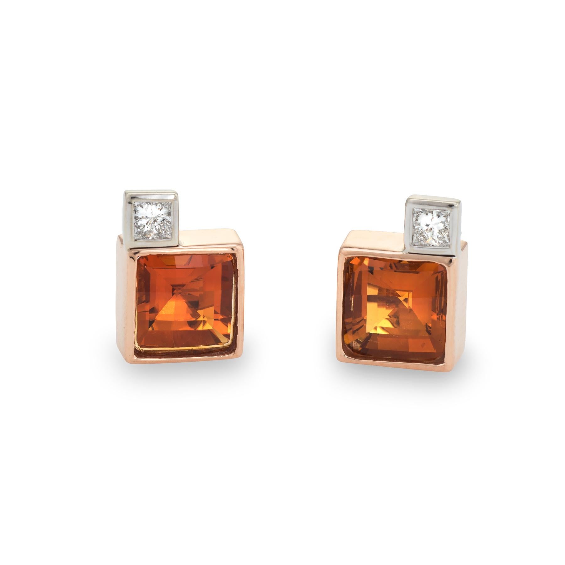 Vintage Citrine Diamond Square Stud Earrings 18 Karat Gold Estate Fine Jewelry In Excellent Condition In Torrance, CA