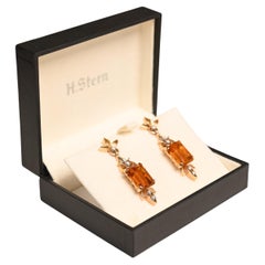 Vintage Citrine Earrings. 17ct Citrine Diamond Dangle Earrings 18K Yellow Gold