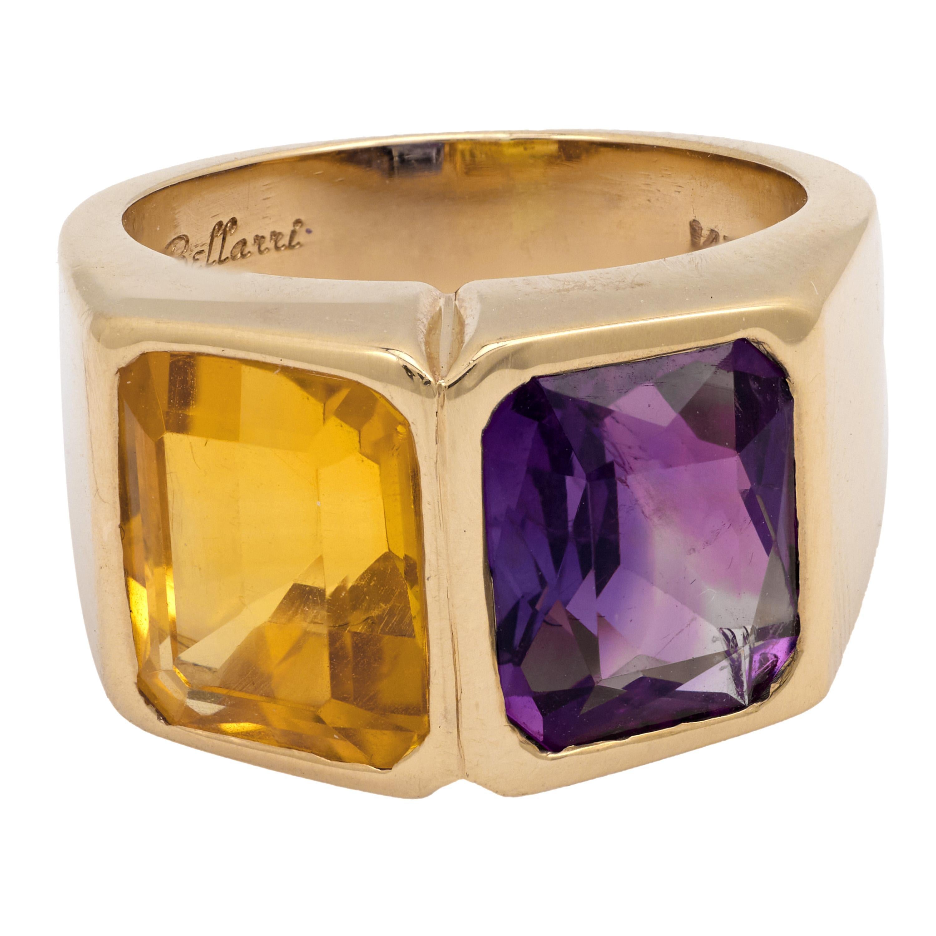 Moderne Vintage citrine emerald 14k yellow gold 2 stone ring en vente