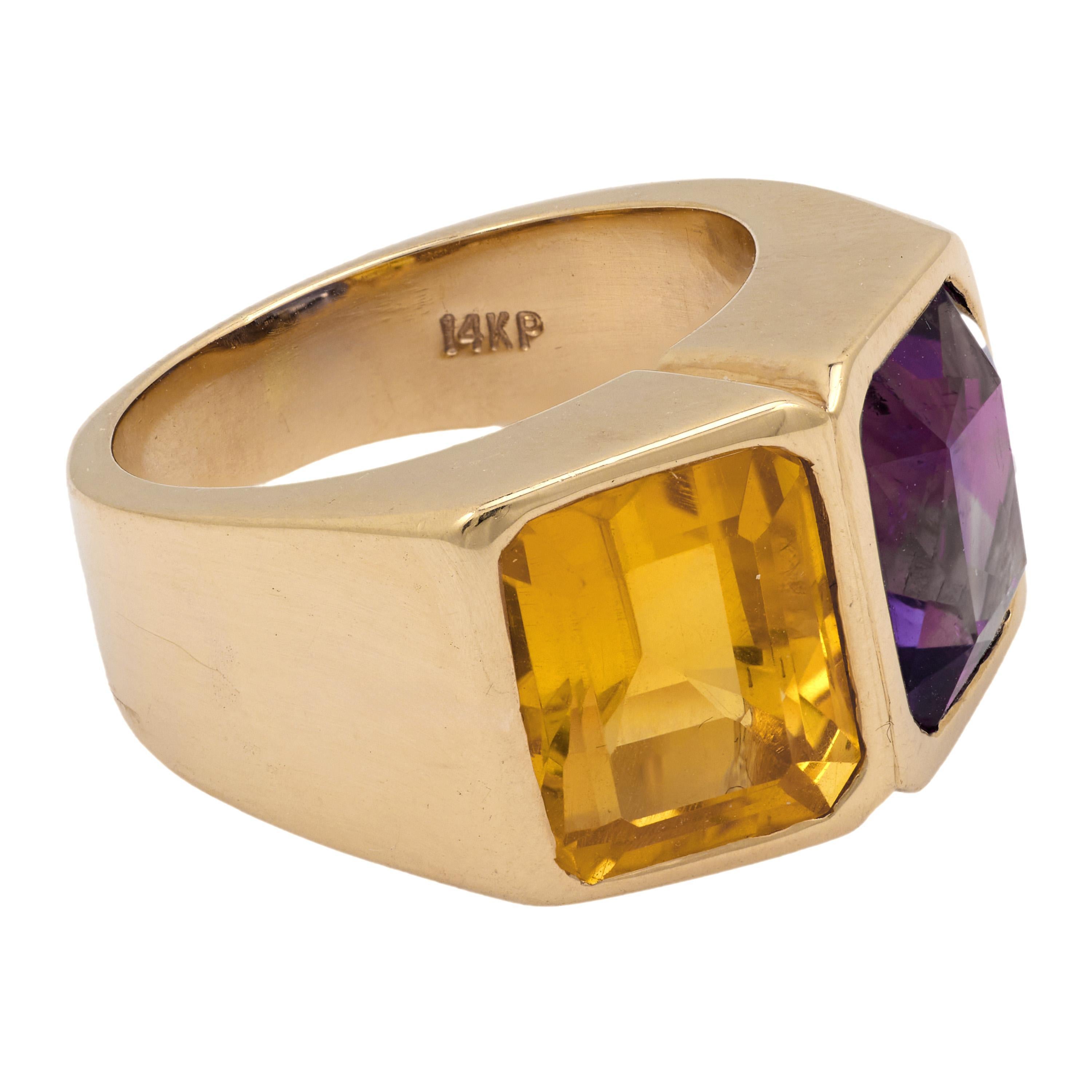 Vintage citrine emerald 14k yellow gold 2 stone ring Bon état - En vente à Beverly Hills, CA