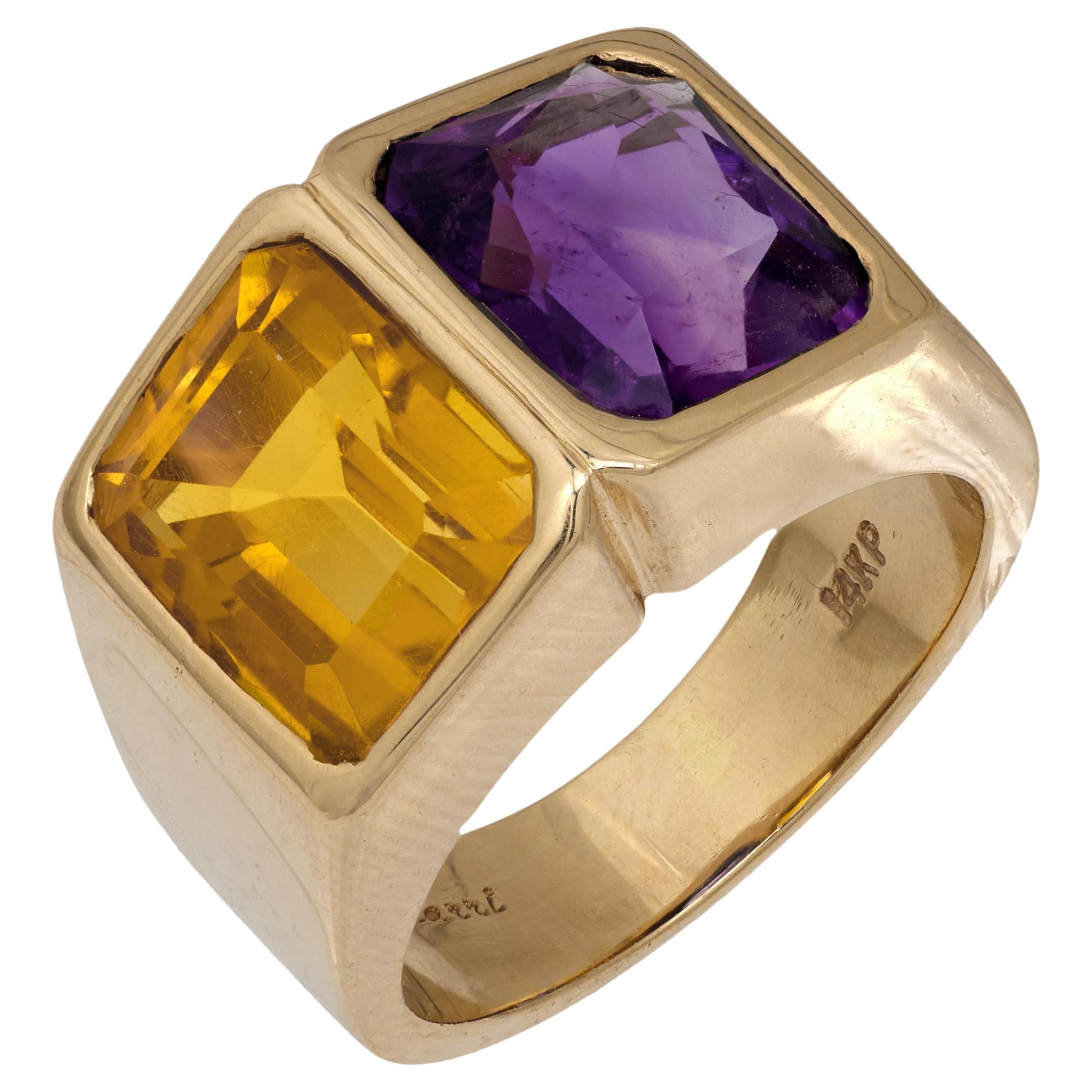 Vintage citrine emerald 14k yellow gold 2 stone ring en vente