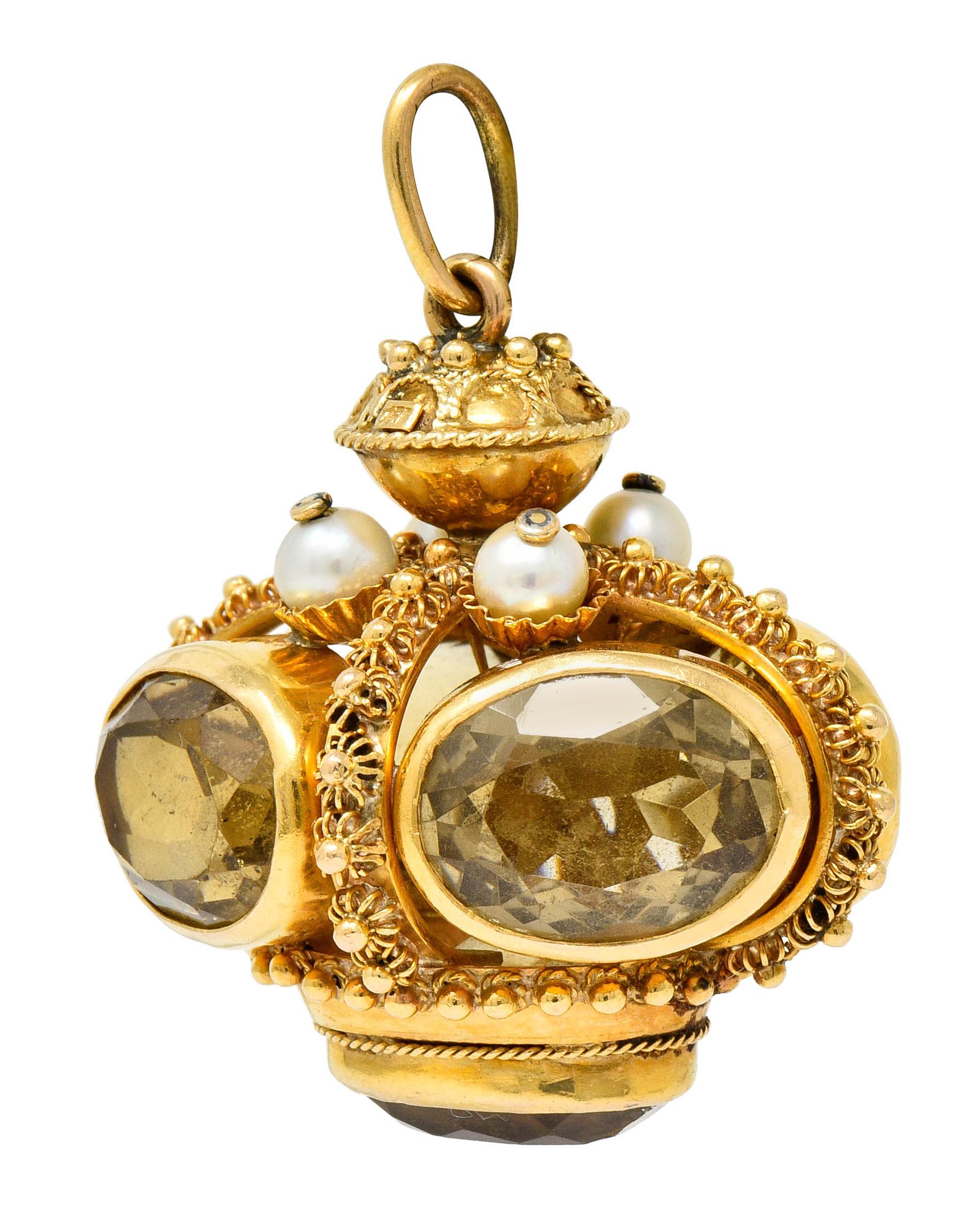 Contemporary Vintage Citrine Pearl 18 Karat Gold Ornate Crown Pendant