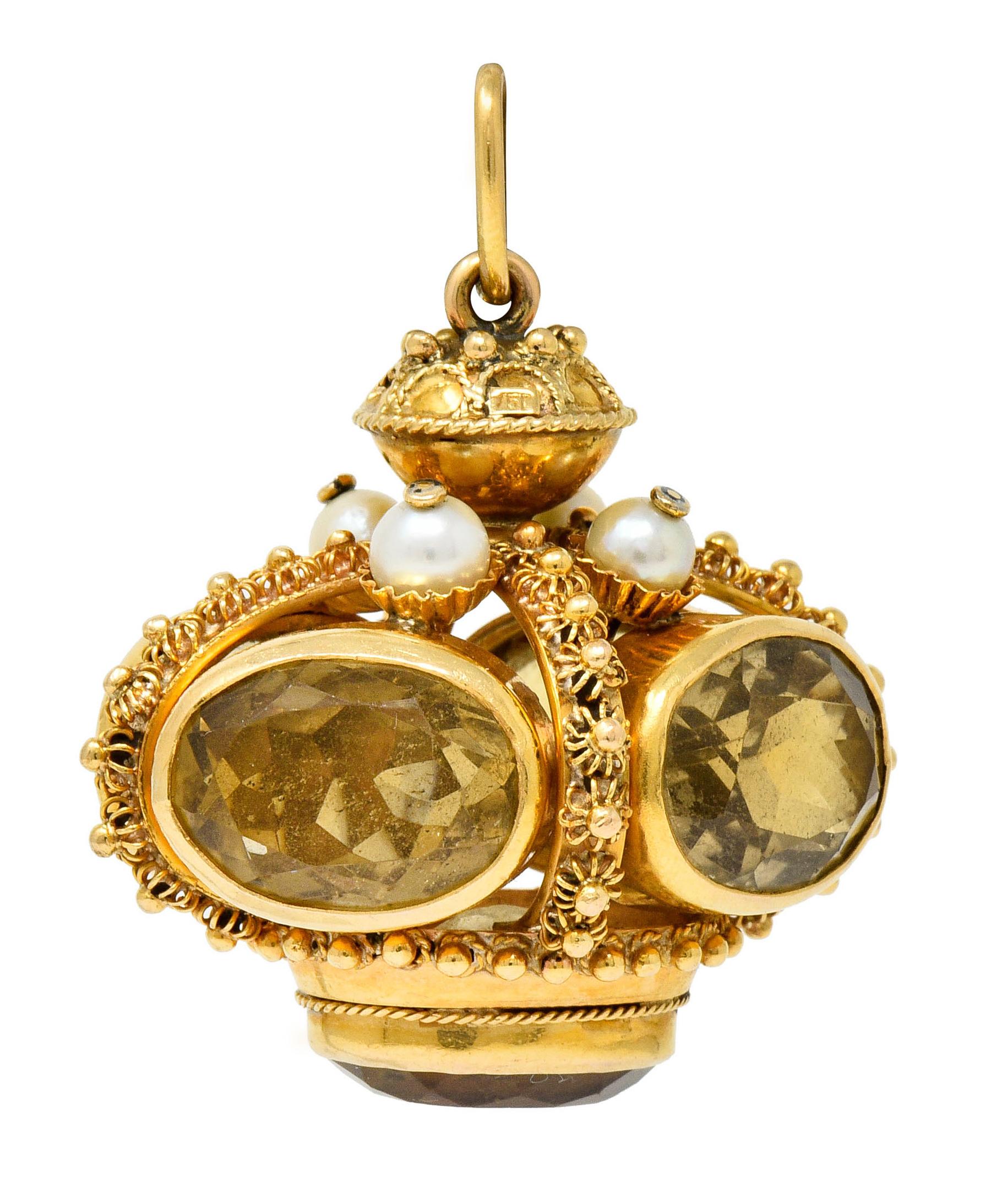 Oval Cut Vintage Citrine Pearl 18 Karat Gold Ornate Crown Pendant