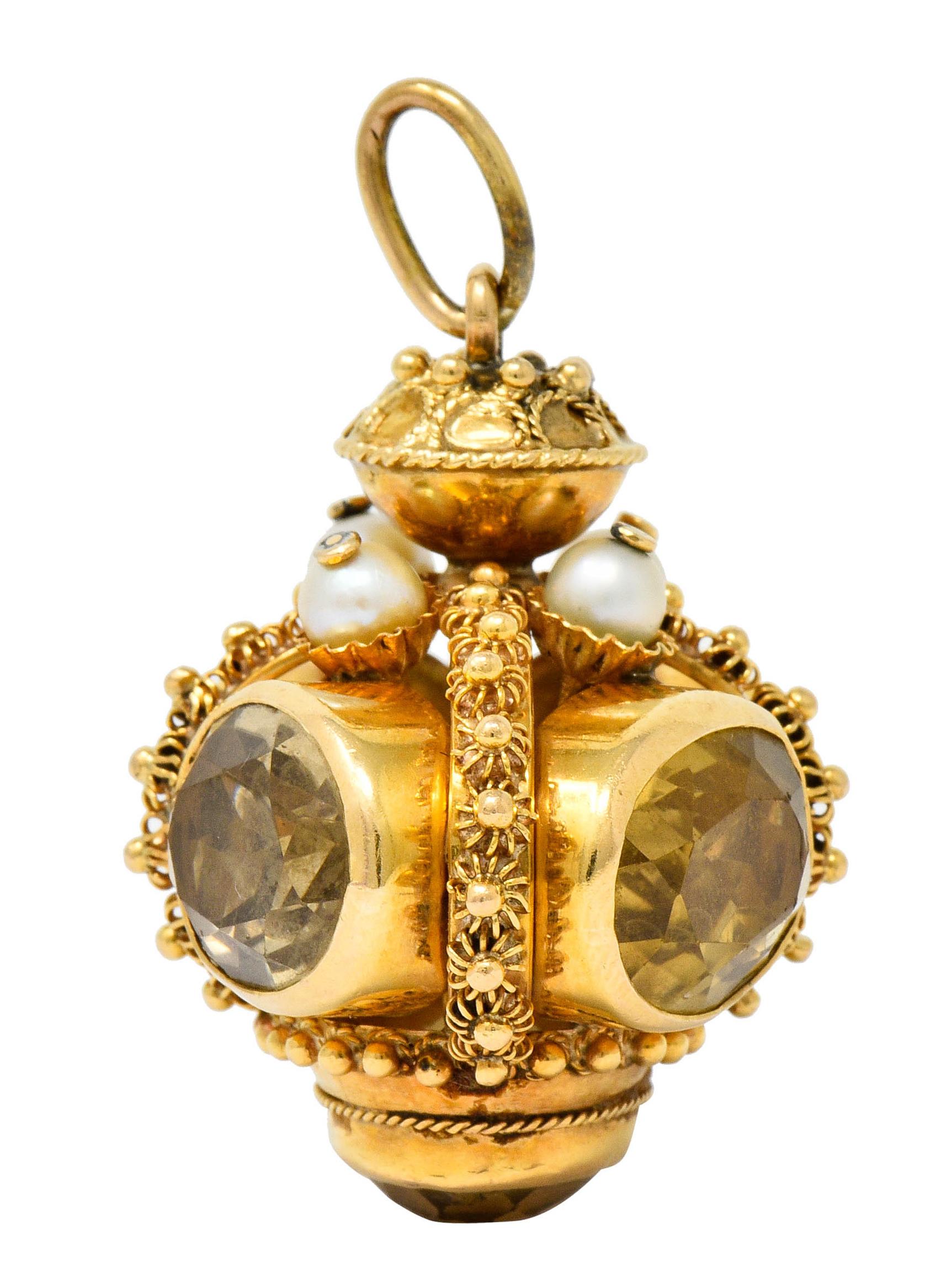Vintage Citrine Pearl 18 Karat Gold Ornate Crown Pendant In Excellent Condition In Philadelphia, PA
